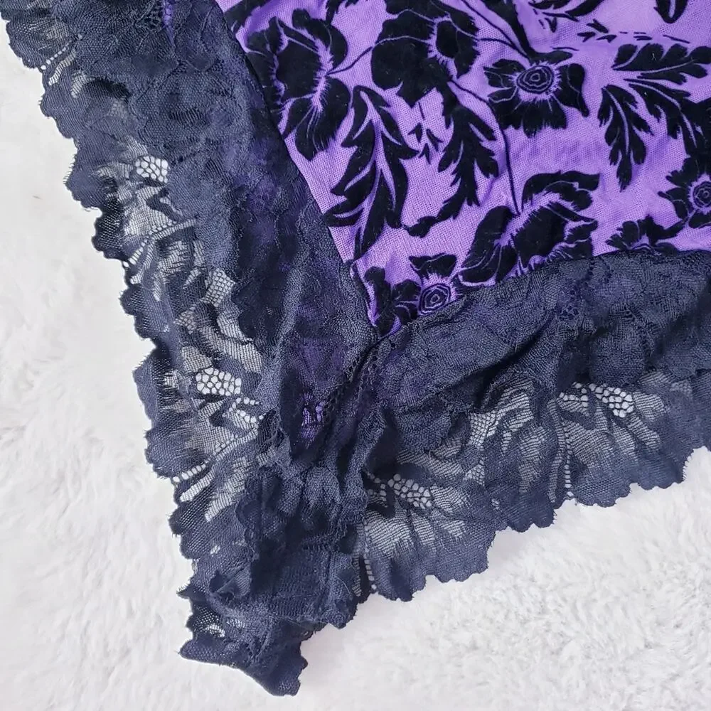 NEW Seven Till Midnight Purple Black Flocked Mesh Lace Romper Teddy Bodysuit - Picture 5 of 11